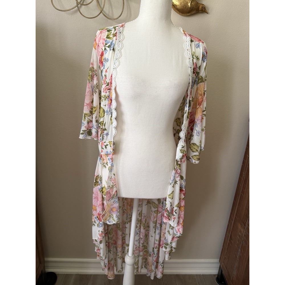 LIFE Love Is For Eternity Floral Kimono Dress M Lace Boho Wedding Guest High Low - Picture 7 of 11